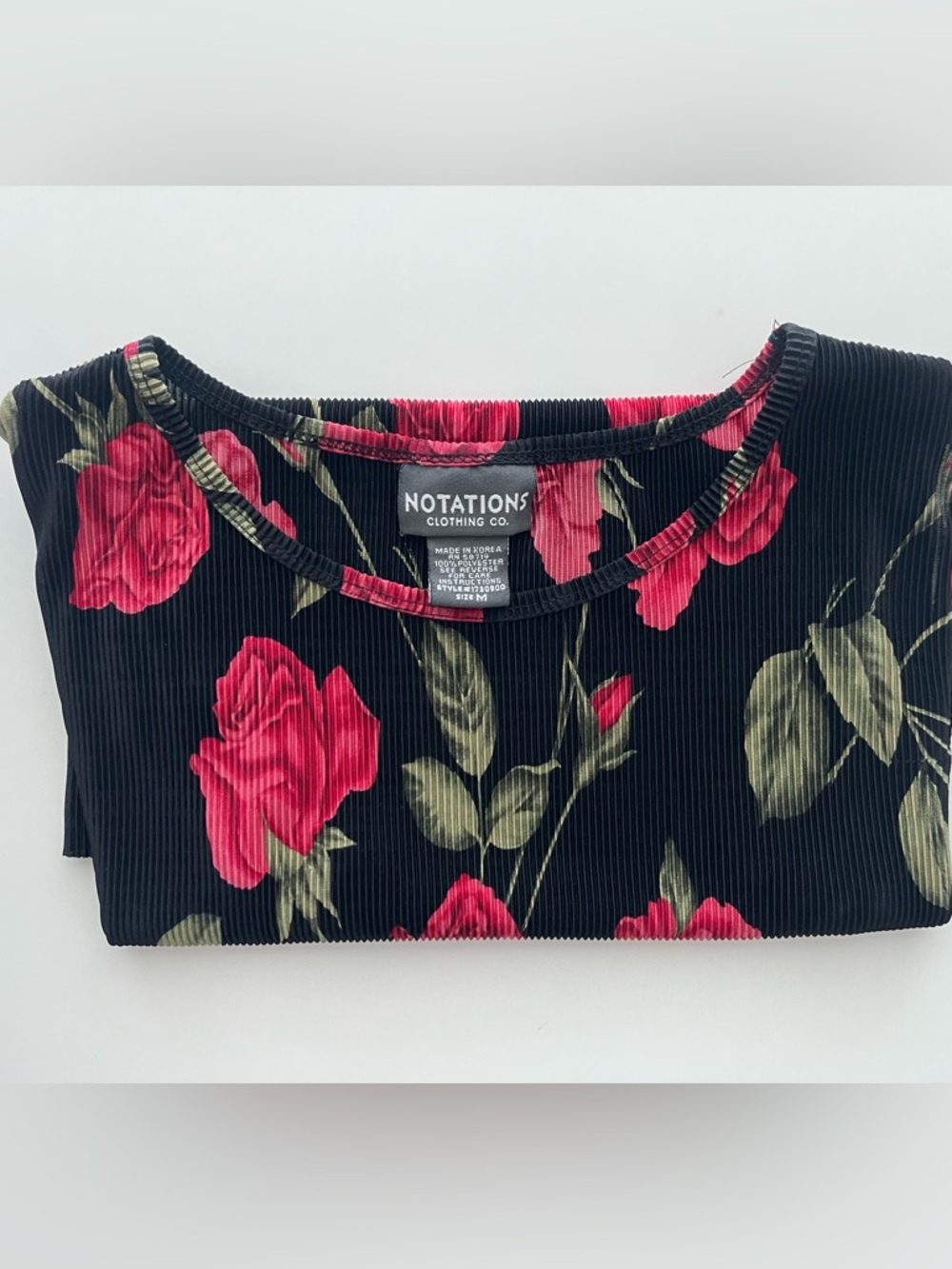 Notations Black Ribbed Top with Red Rose Print